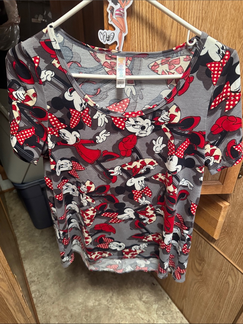 LuLaRoe Gray Tee with Red and Black Minnie Mouse Print